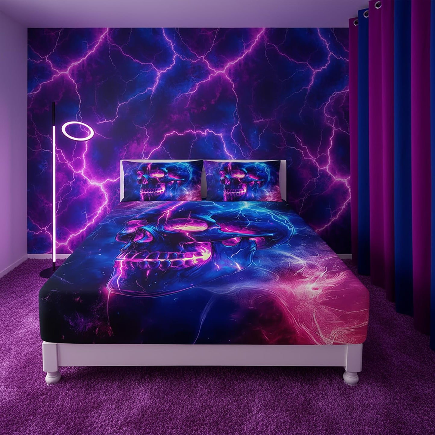 QOOMO Skull Kids Sheets Full Size,Human Skeleton 16" Deep Pocket Bed Sheet Set,Galaxy Printed Bedroom Decor Bedding Set Soft and Breathable for Boys/Girls/Kids/Teens