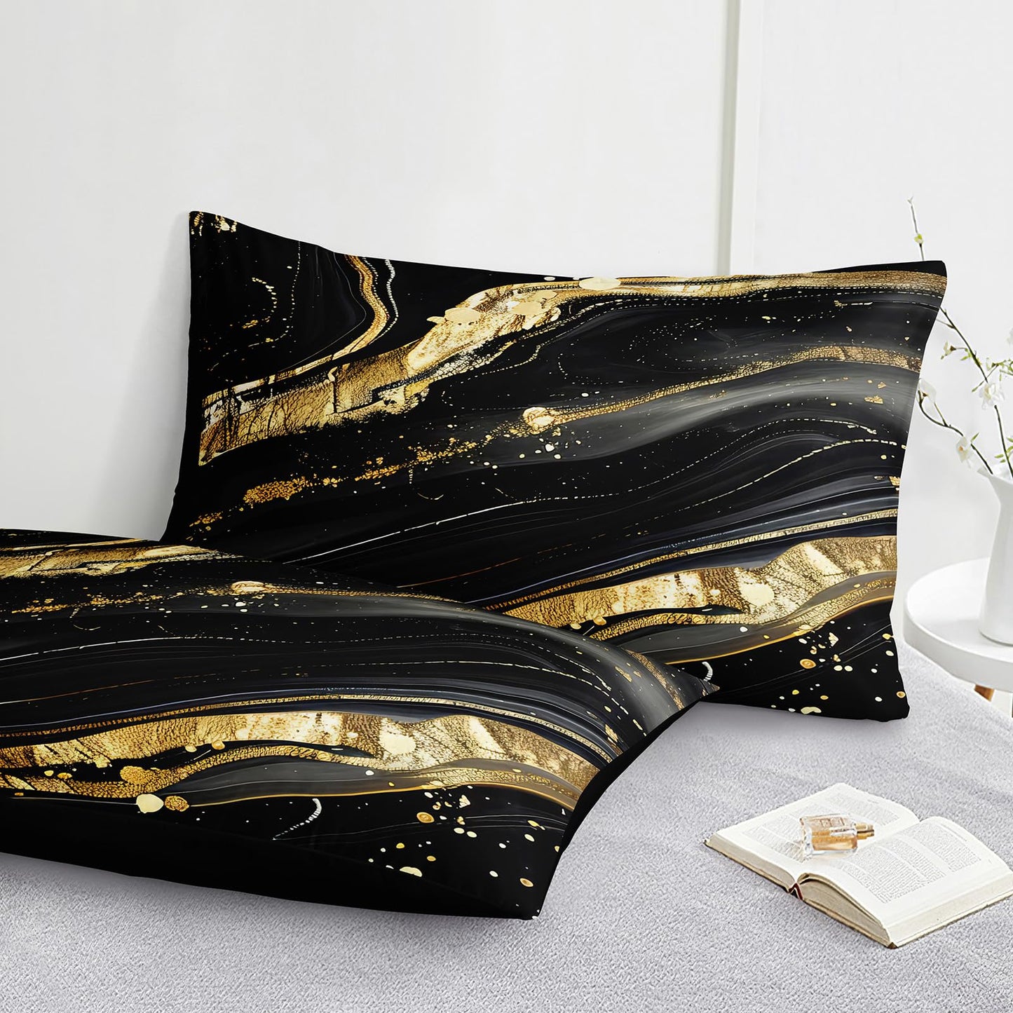 MOVE OVER 8 Pieces Black Gold Marble Bed in a Bag King Size Abstract Marble Textured Comforter Set with 1 Comforter 4 Pillowcases 1 Flat Sheet 1 Fitted Sheet 1 Cushion Cover