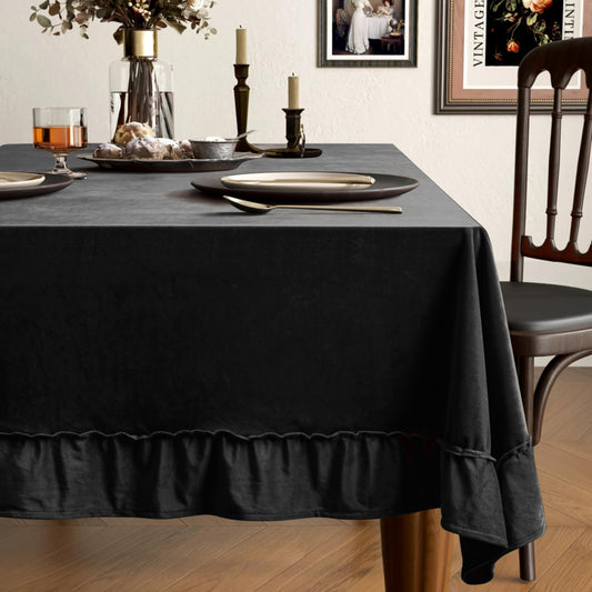 Chorowl Black Thick Velvet Tablecloth Luxurious Soft Washable Rectangle Table Cover Black Oblong Vintage Ruffle Velvet Table Cloth for Christmas Kitchen Dining Party Tabletop Decoration 60x84 Inch