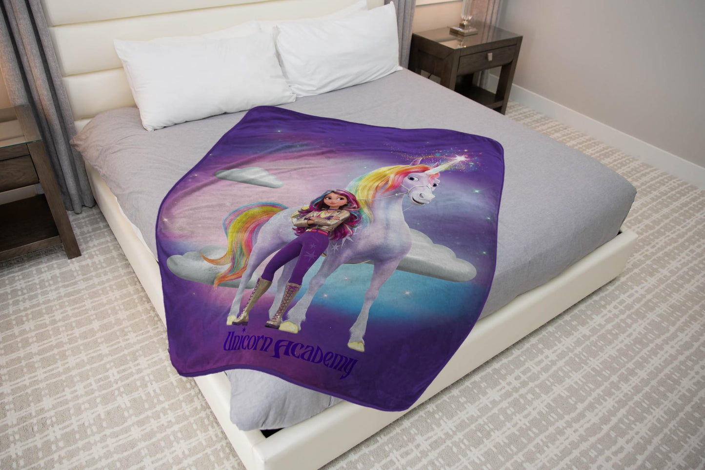 Jay Franco Unicorn Academy Blanket for Girls - 46 x 60 Super Soft Fleece Throw Blanket, Cozy Kids Bedding for Couch Bed & Travel, Machine Washable, Fade Resistant, Purple (Official Unicorn Product)