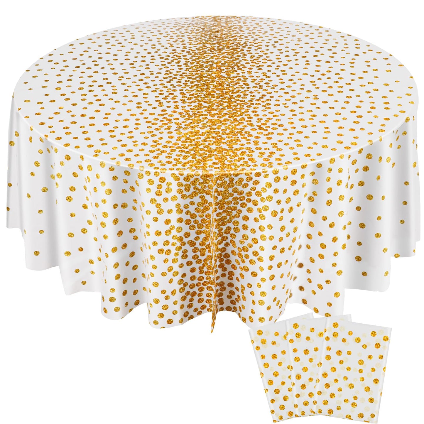 VitalCozy Round Dot Tablecloth 84 Inch Plastic Table Cover Polka Dot Confetti Tablecloths for Easter 2026 Graduation Prom Wedding Birthday Spring Party Supplies(White and Gold,3 Pcs)