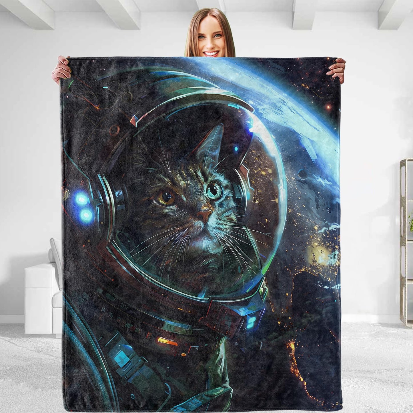 Astronaut Cat Throw Blanket - Soft Plush, Lightweight, Warm, Fuzzy Flannel Blanket for Couch, Bedroom, Travel, Bed, Outdoor - Comfy 50in×60in