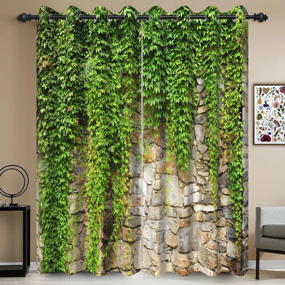 Umpoo Green Ivy Leaf Blackout Curtains Leaves Plants Rustic Stone Wall Spring Scenery Curtain for Living Room Bedroom Home Decoration Window Drapes Fabric Set of 2 Panels, 42x96 Inch