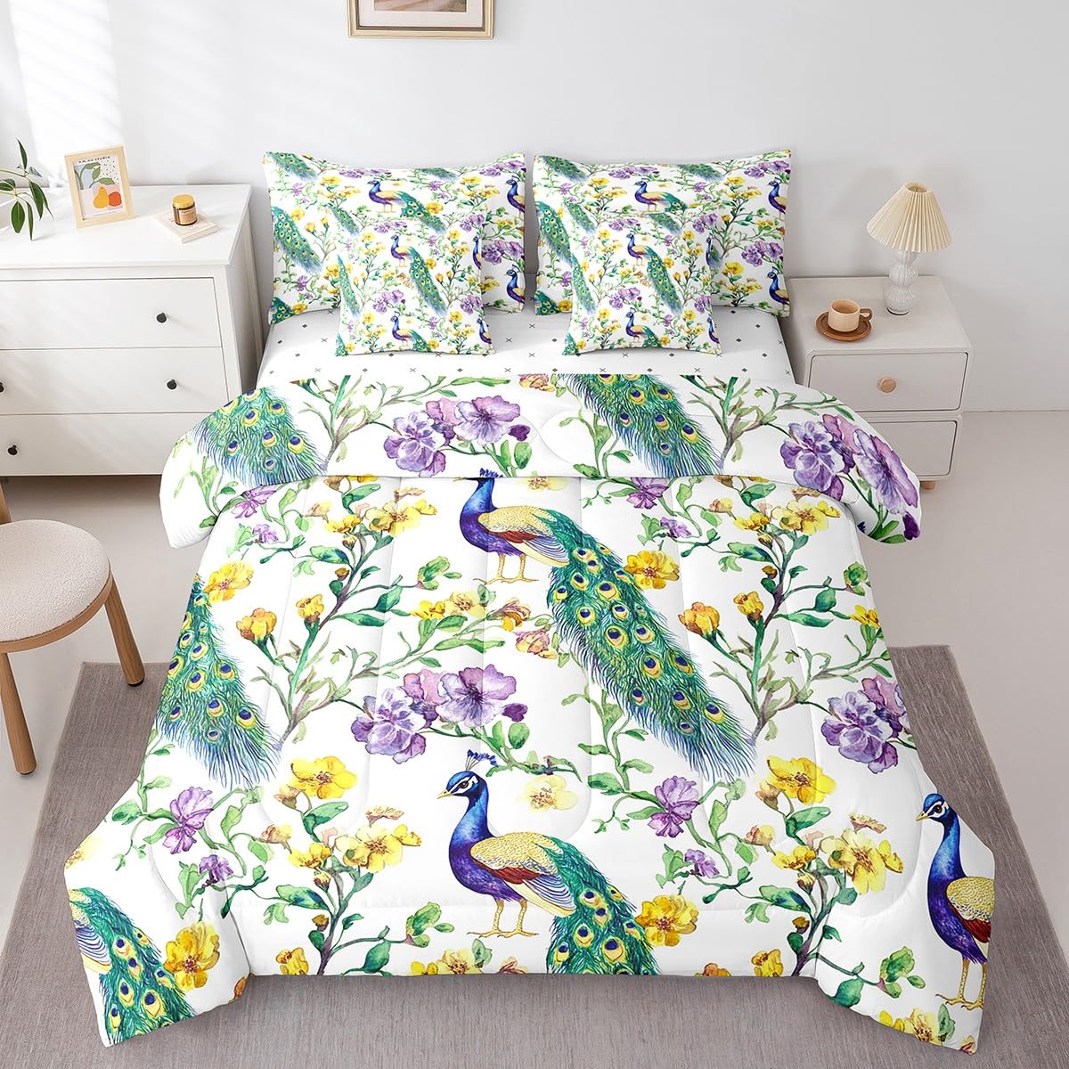 jejeloiu Peacock Comforter Set 7 Pieces Full Size Kids Floral Flower Bed in a Bag for Boys Girls Royal Peacock Bird Bedding Set Green,Comforter + Sheets + Pillowcases + Cushion Covers