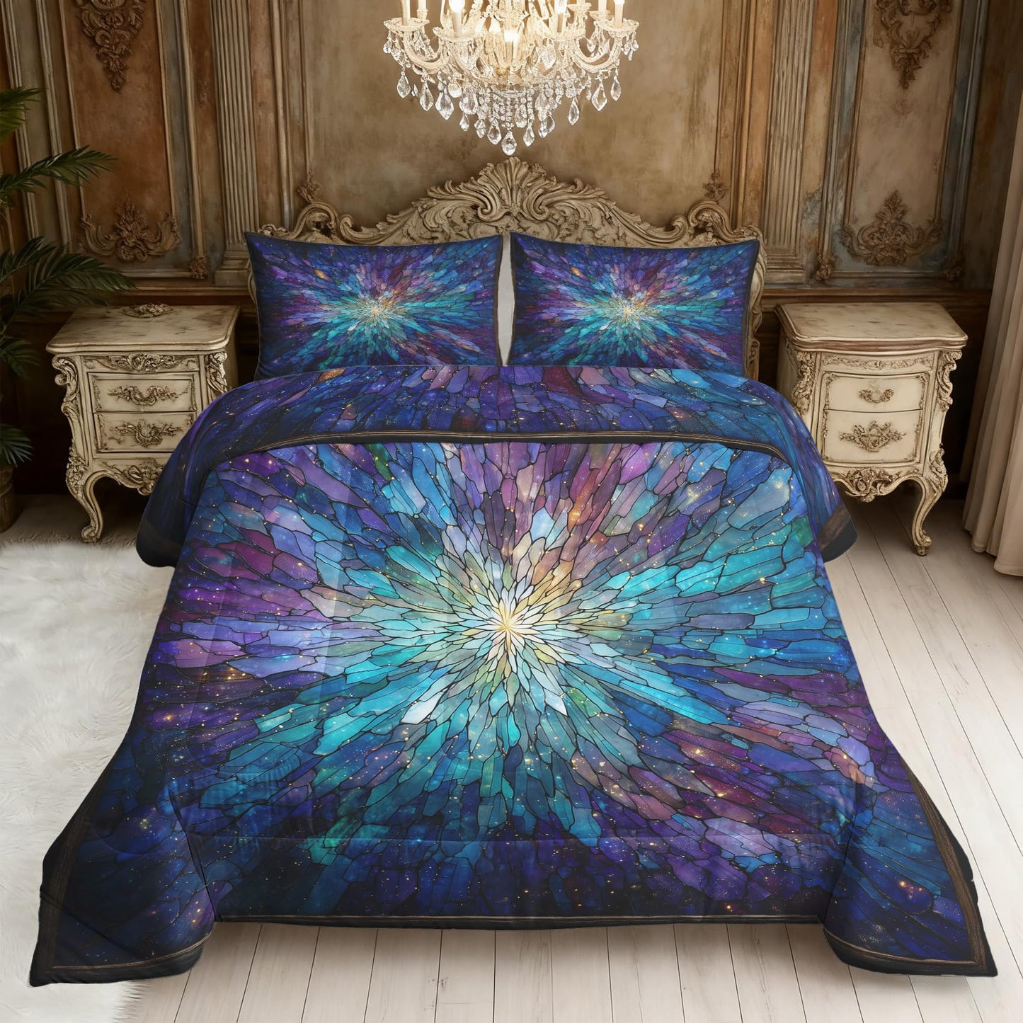 Flumoxa Stained Glass Comforter Full Size, Mandala Psychedelic Floral Comforter Down Alternative All Season Bedding, Stained Glass Bed Set Full with Pillowcase, Bedroom Decor