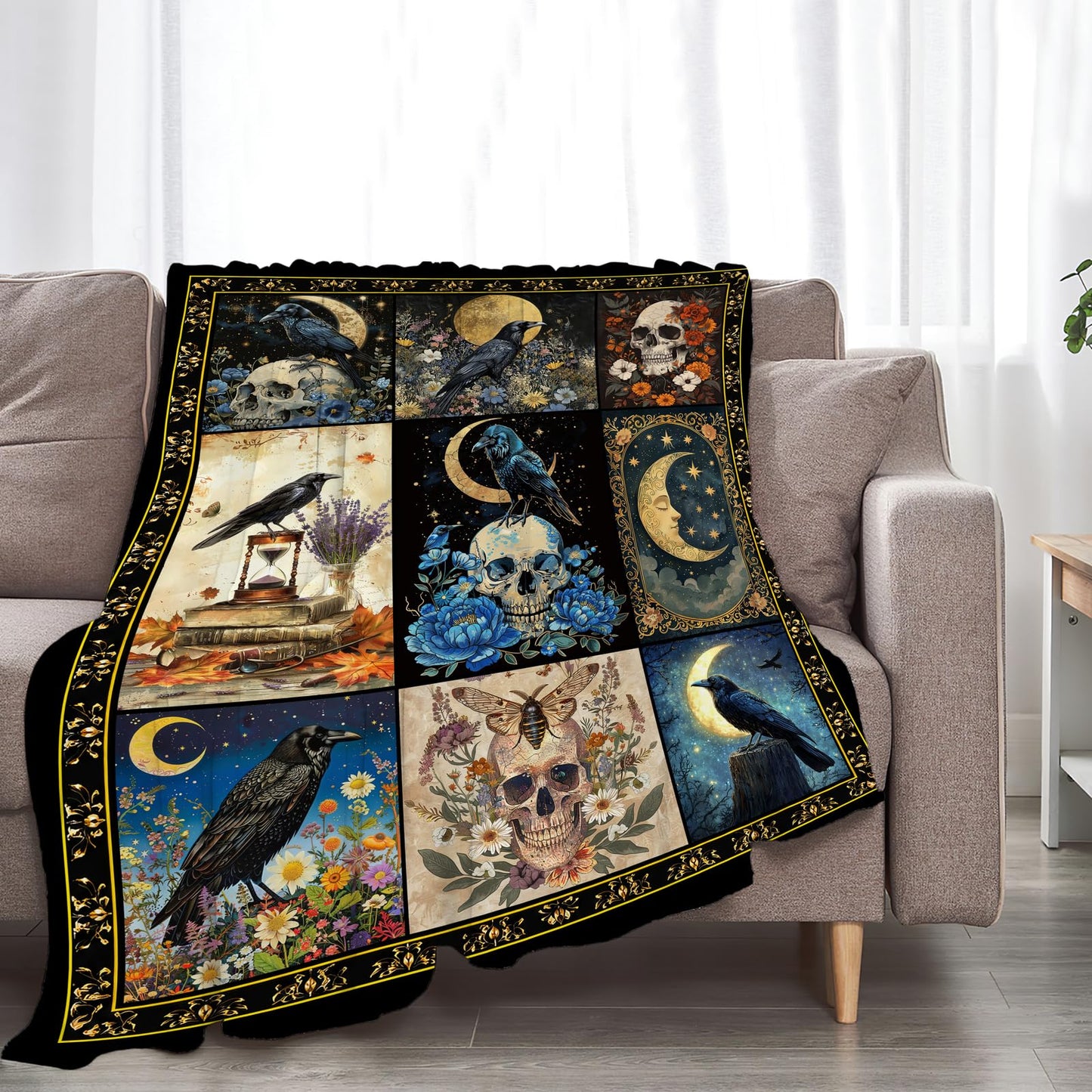 Gothic Raven Blanket Soft Fuzzy Fleece Skull Moon Crow Throw Blankets Decor Cozy Warm Plush Flannel Dark Floral Blanket Gifts for Girls Women Kids Adults Home Decor Stuff Sofa Couch Bed 50"X40"