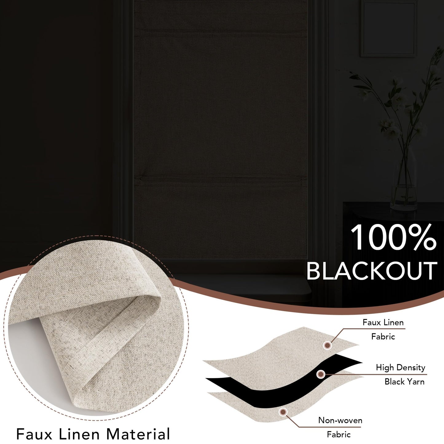 NICETOWN 100% Blackout French Door Curtain with Adhesive Top & Magnetic Lift, No Drill Cordless Roman Shade for Doors, W24 x L72 in, Faux Linen Privacy & Thermal Shade for Living Room Kitchen, 1 PC