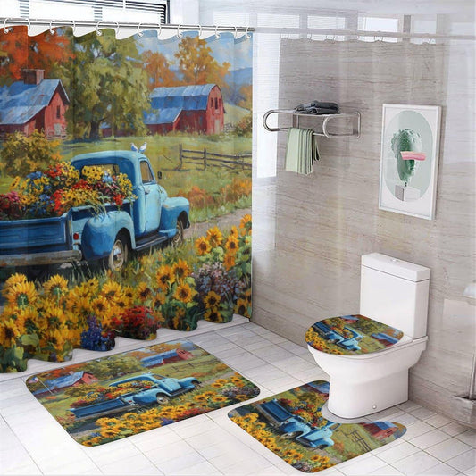 LCFFYHSM 4-Piece Pickup Truck Sunflower Farm Bathroom Shower Curtain 72 X 72 Inch, Vintage Barn Flower Resistant Water Home Decor Include Bath Mat Toilet Lid Cover Non-Slip Rug with 12 Hook
