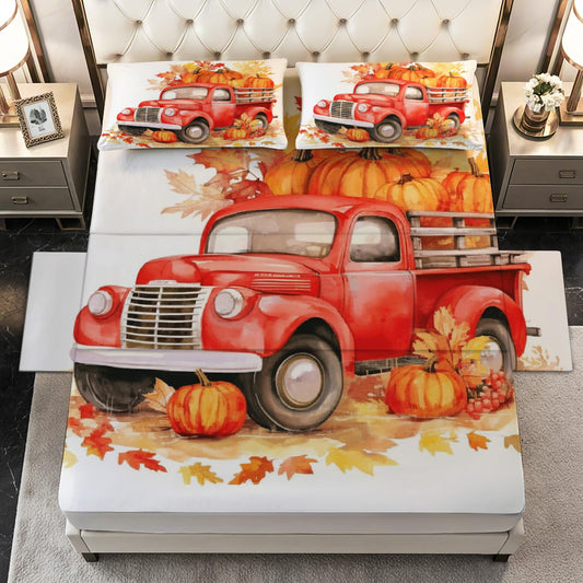 Zoainuos Autumn Sheets Full Size Bed, Fall Pumpkin Vintage Truck Sheet Sets, Soft Microfiber Deep Pocket Wrinkle Free Bedding Sheets & Pillowcases, Harvest Thanksgiving Bedroom Decor & Gifts