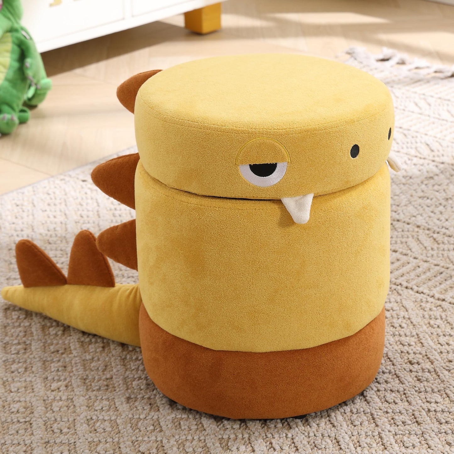 DAYARUS Dinosaur Toddler Chair Comfy Chenille Kids Reading Chairs, Toddler Dinosaur Ottoman, No Assembly Children Stool, Cute Kids Storage Ottoman, Wood Kid Desk Chairs for Playroom/Nursery, Yellow