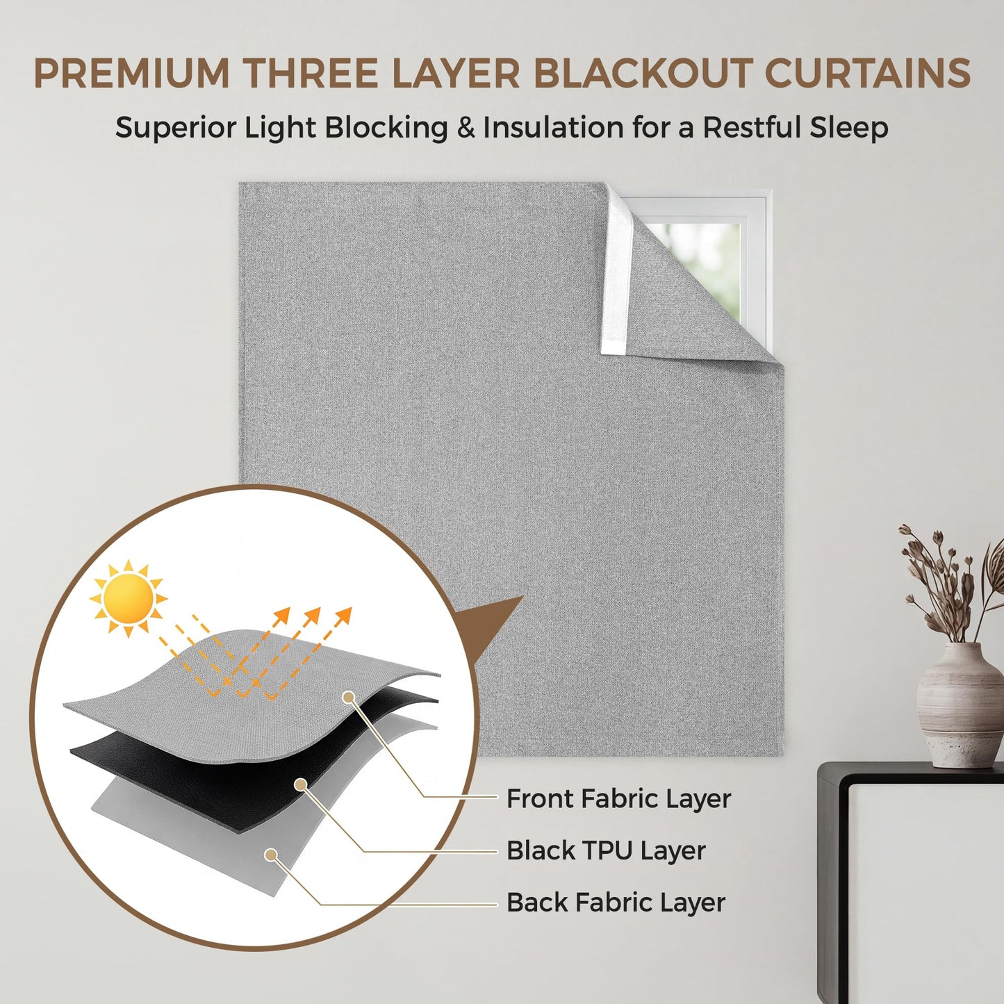Foxdecor Blackout Curtains No Drill Hook and Loop Single Panel for Window