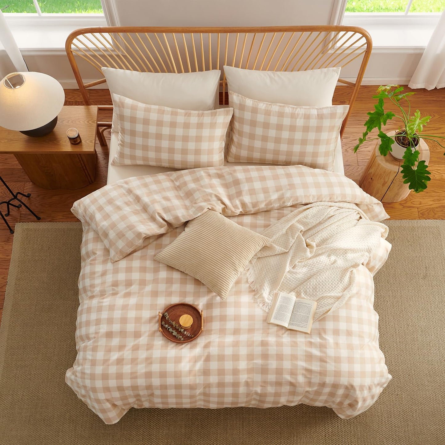Jolusere Gingham Duvet Cover Queen 3 Pieces 100% Cotton Duvet Cover Beige Plaid Bedding Set Orange Tan Farmhouse Checkered Grid Comforter Cover with 2 Pillowcases