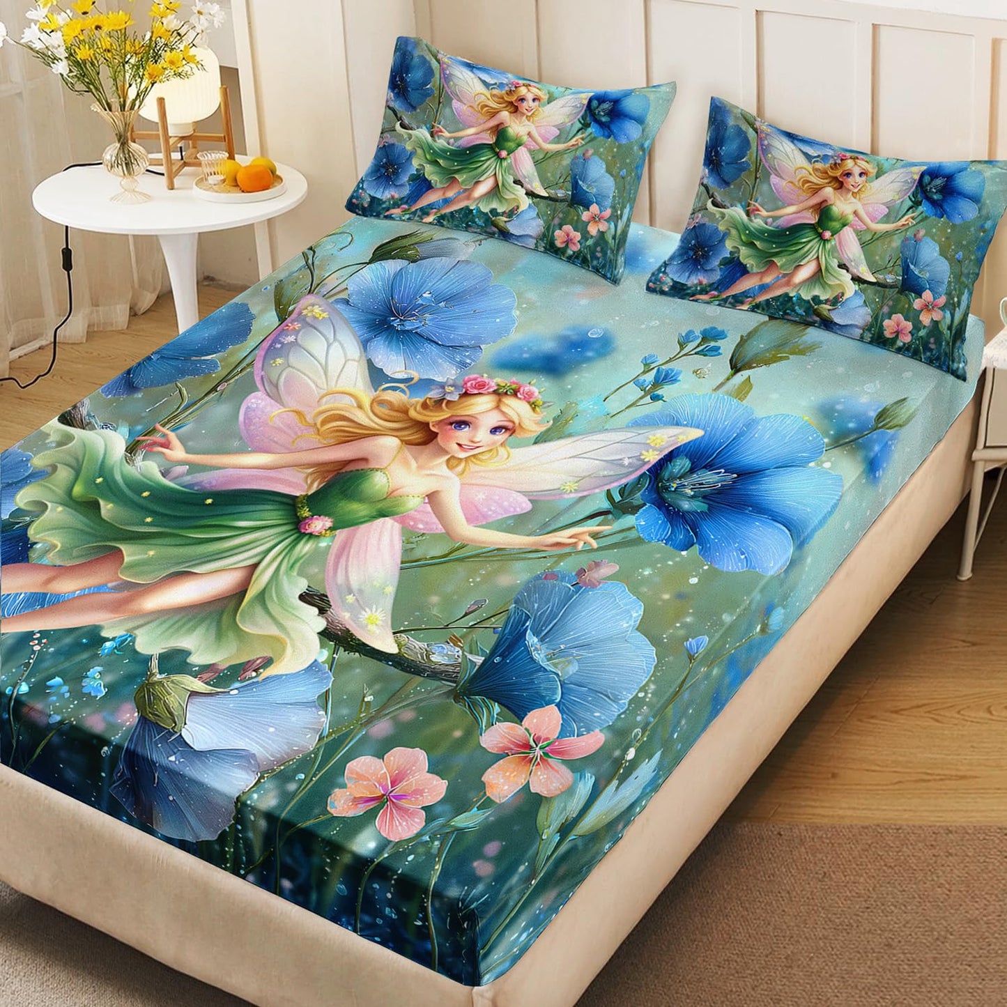 AILONEN Floral Fairy Twin XL Sheet Set,Pretty Green Butterfly Fairy Bedding Set for Girls Kids,Blue Flower Bed Sheets Set for All Season,3-Piece,1 Deep Pocket + 2 Pillowcase,Soft Microfiber