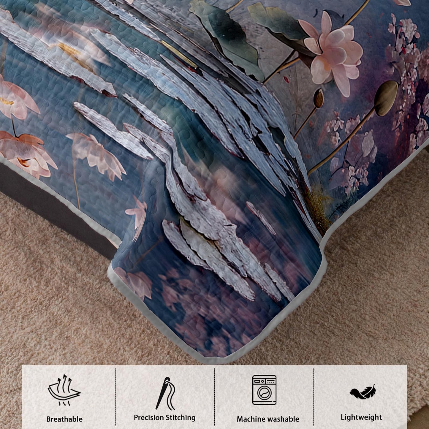 AILONEN King Quilted Comforter 3-Piece Set, Aesthetic Lotus Pond Bedspread Coverlet with 2 Pillowcases, Soft Zen Painting Bedding for Adults Luxury Suite Large Size Floral Impressionist