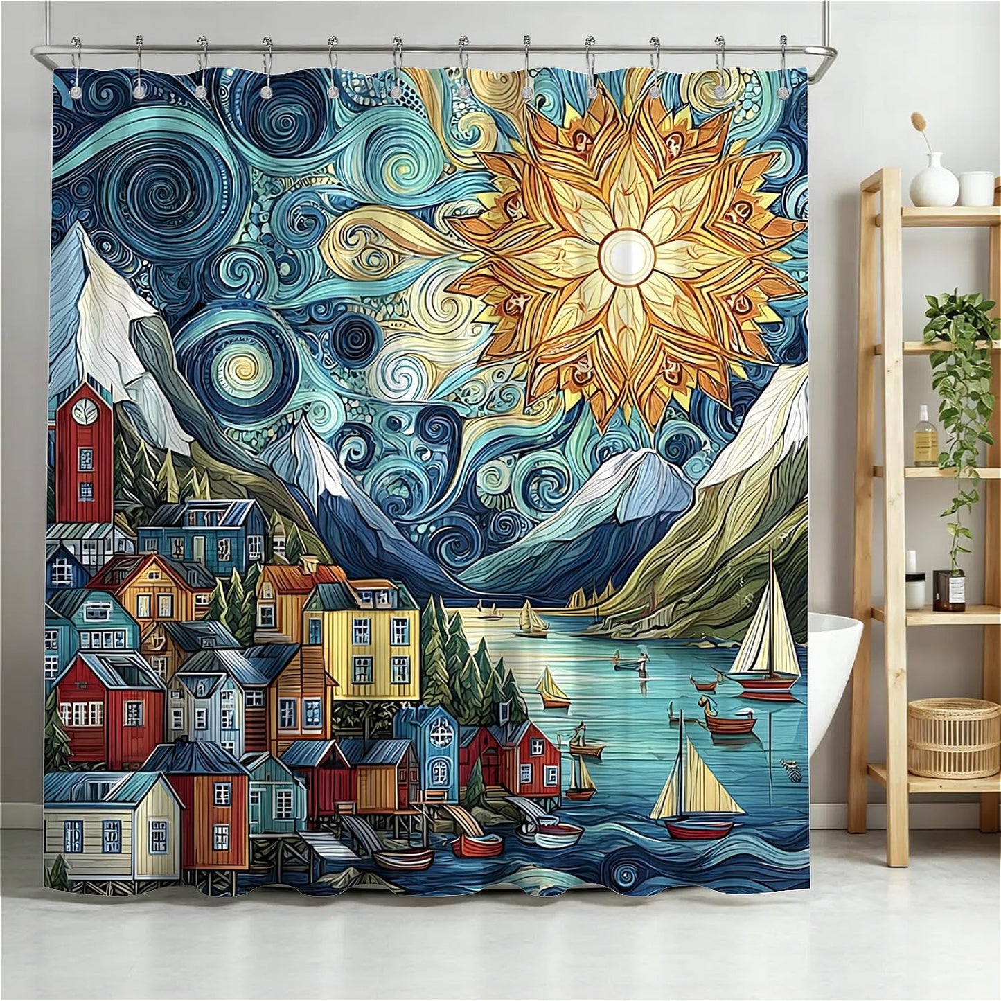 TANGXUNFA Colorful Fjords Shower Curtain for Bathroom, Water-Resistant Long Shower Curtain Set 72x72 Inch with Metal Grommets and 12 Metal Hooks