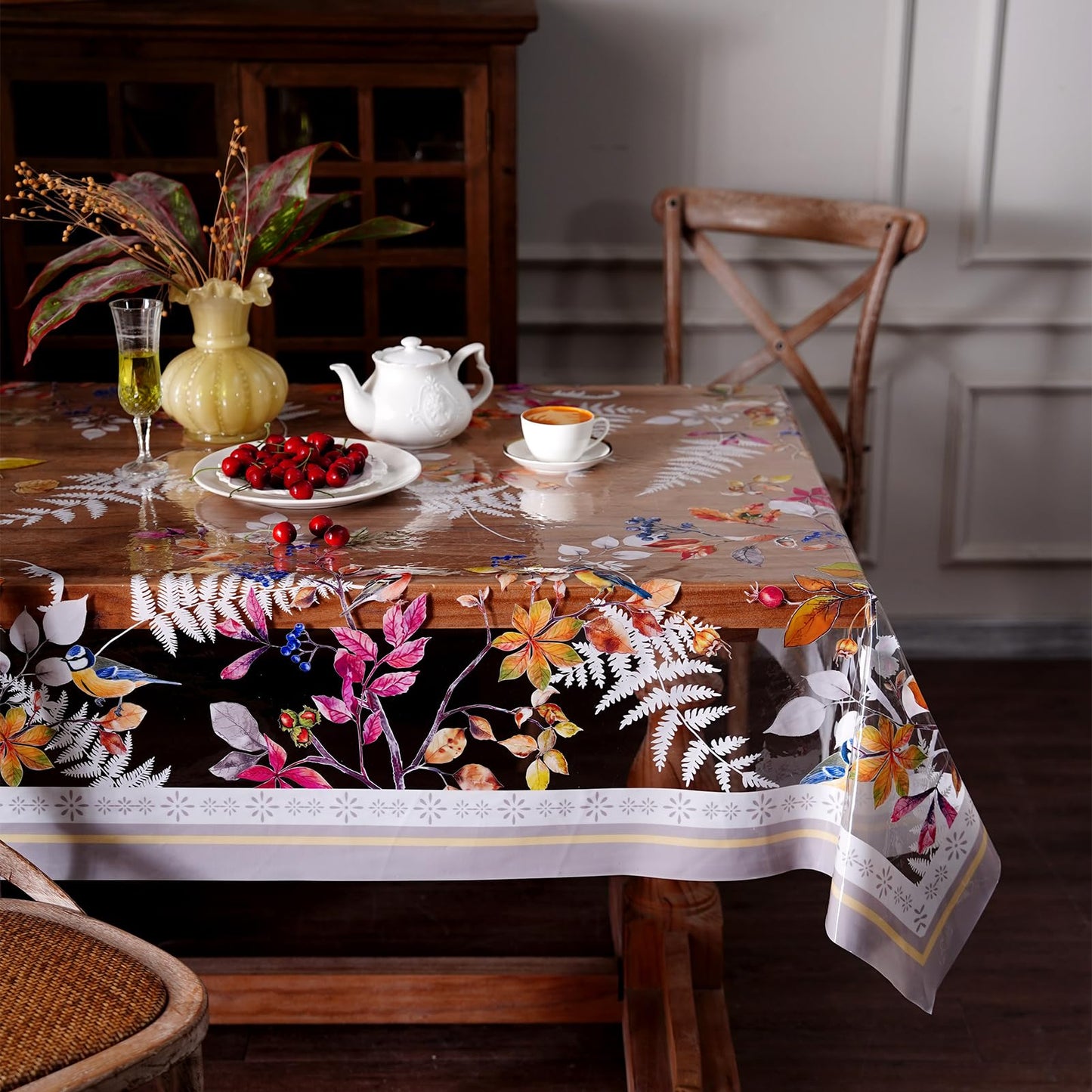 Artbloss Clear Table Cover Protector Vinyl Table Cloth Oil Spill Proof Vintage Rustic Plastic Table Covers for Dining Tables (Birds, 52 x 70 Inches)