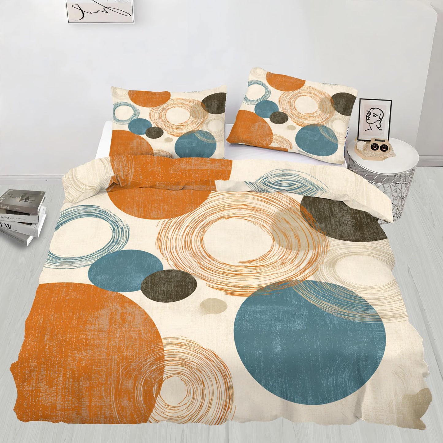 QINYUN Retro Medieval Duvet Cover California King, Abstract Geometric Bedding Set 3 Piece Bedroom Decor Rural Farmhouse Comforter Cover and 2 Pillow Sham with Zipper Closure