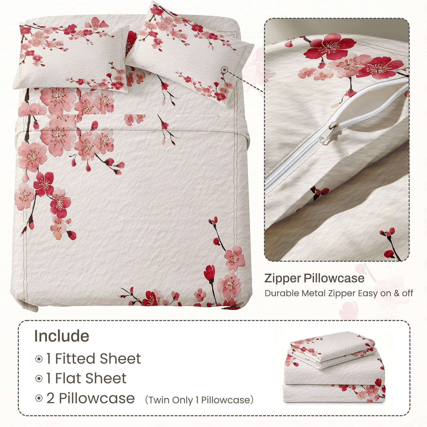Cherry Blossom California King Sheet Set Red Flower Flat Fitted Sheet Sets