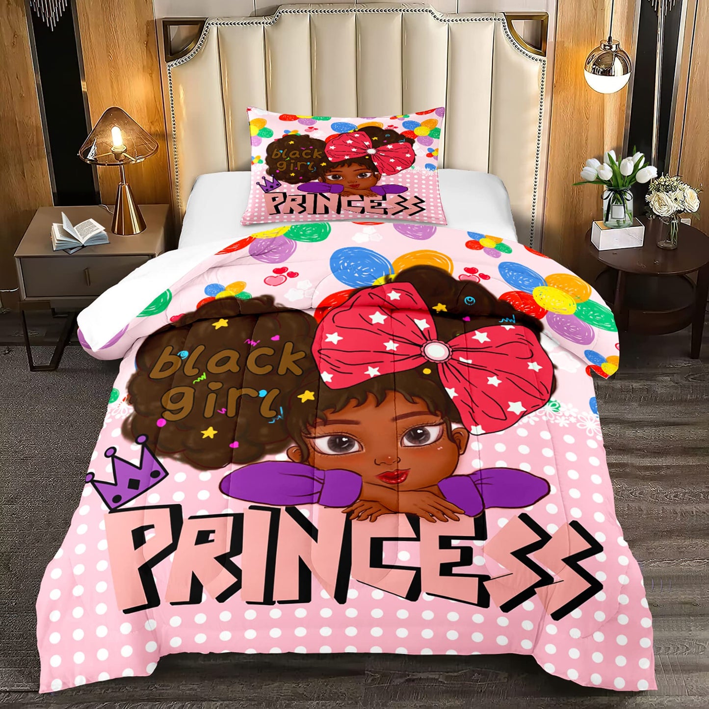 Jiospet Black Girls Bedding Sets -Black Girls Twin Comforter Set for Girl, Pink Princess Twin Bedding Sets for Kids, Twin (1 Comforter 1 Pillowcases)