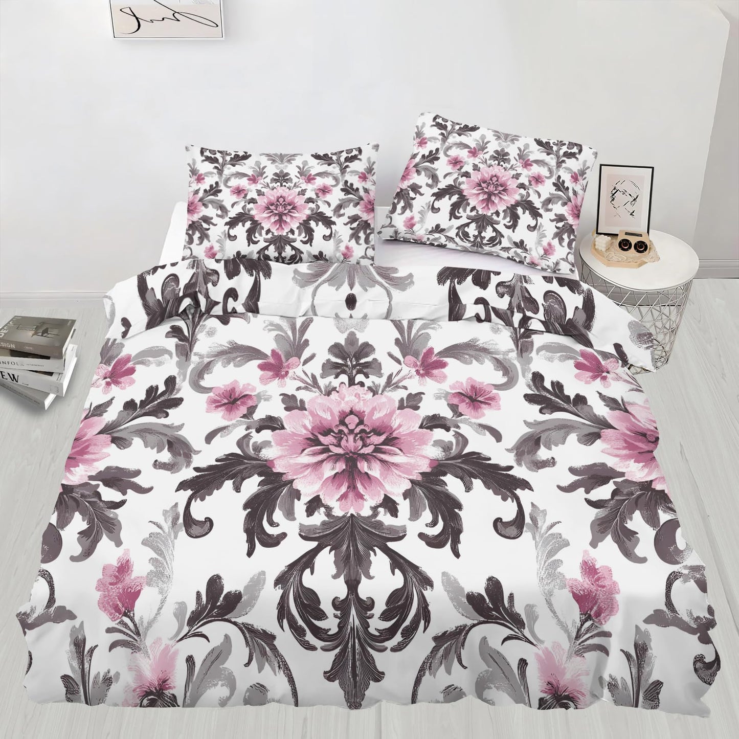 ZAMODE Vintage Floral Duvet Cover 120" x 98", Retro Pink Flower Bedding Set, Rustic Farmhouse Comforter Cover with Zipper Ties