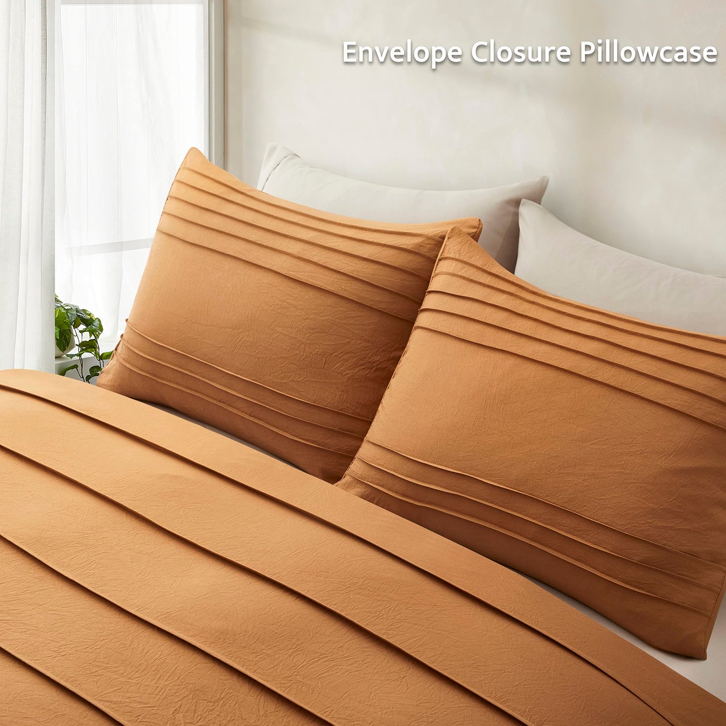 Oli Anderson Pumpkin Brown Duvet Cover Queen Size - Pleated Queen Duvet Cover, 3PCS Soft and Breathable Textured Bedding Set with Zipper Closure(Pumpkin Brown,90"x90")