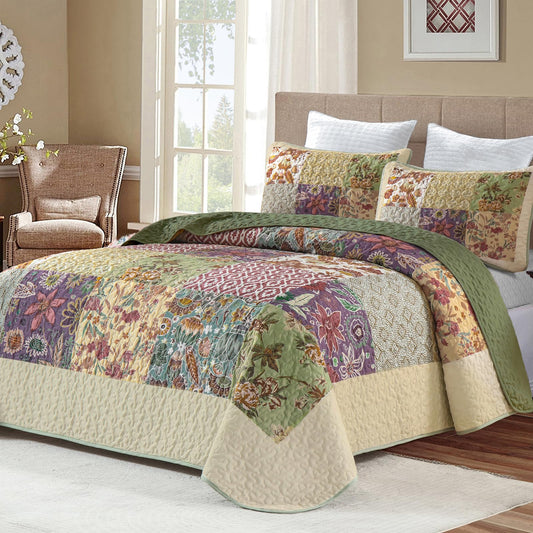 DJY Patchwork Quilt Set King Size, Bohemian Floral Bedspread Green & Beige Coverlet Set, Rustic Boho Quilted Bedding Set, Soft Microfiber Vintage Patchwork Bed Cover for All Season 110''x90''