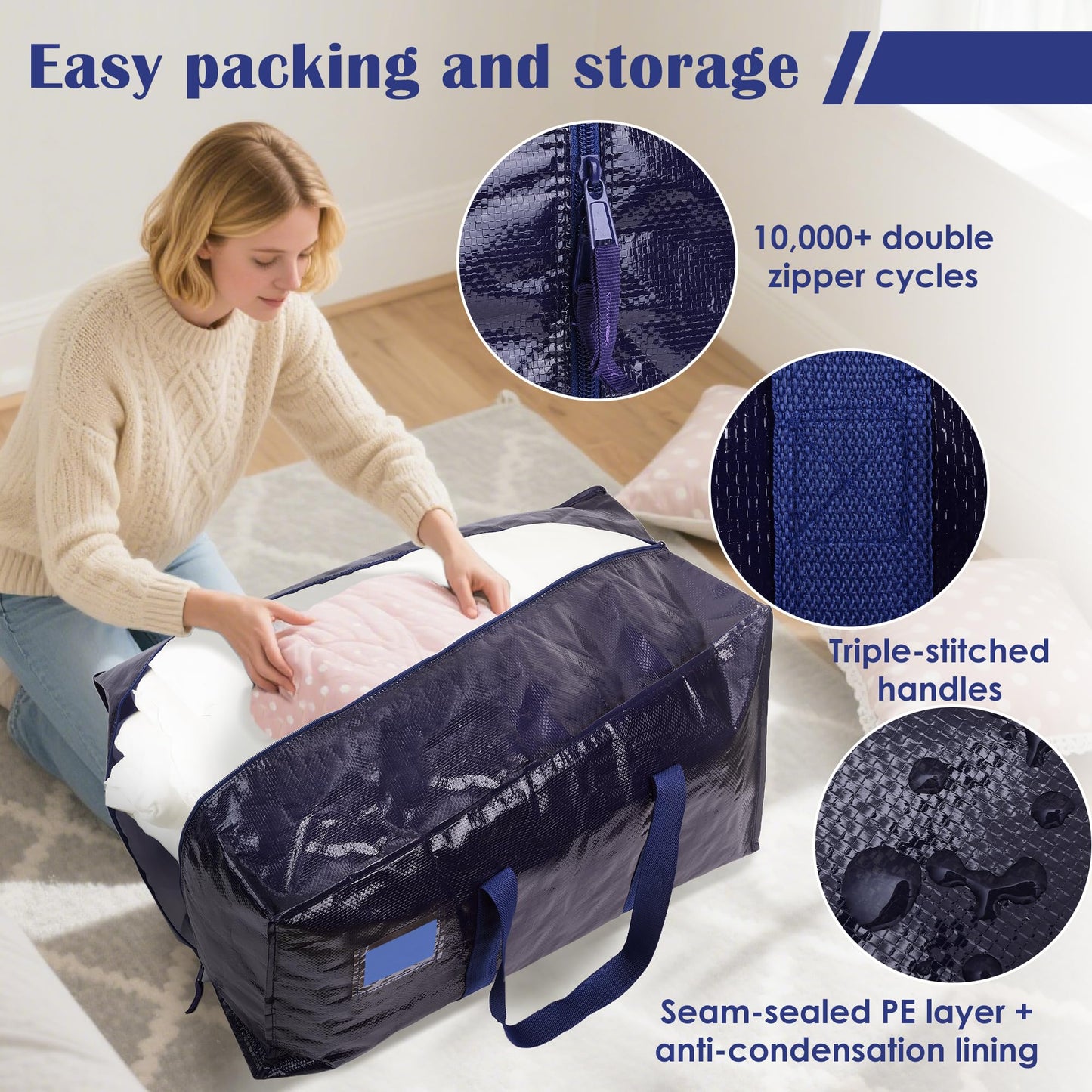 RMOHRO 6 Pack Moving Bags Heavy Duty 210GSM with Full-Open Side Zipper, 93L 220lbs Waterproof Foldable Storage Totes for College Dorm Move-In, Moving Boxes Alternative & Home Organization, Blue