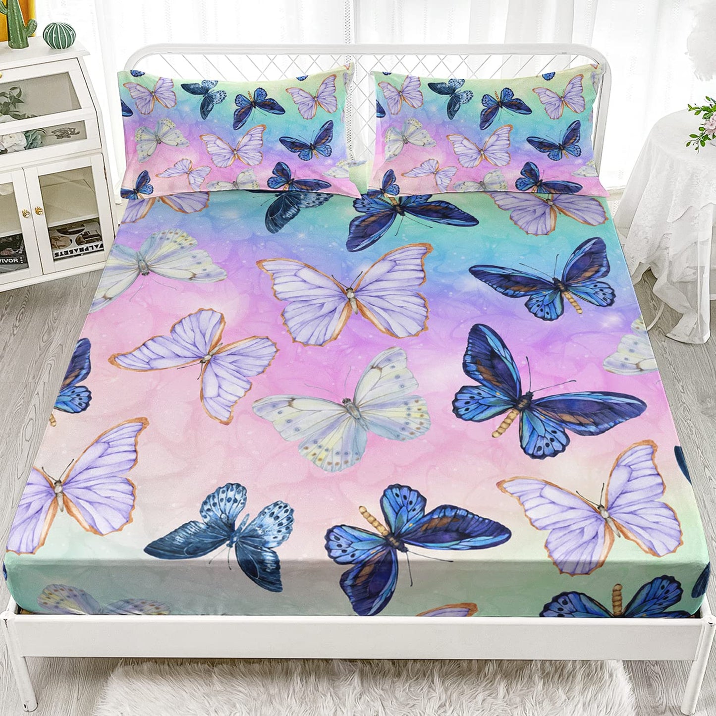 HOSIMA Butterfly Fitted Sheet Set for Girls & Boys, Rainbow Watercolor Tie Dye Coquette Bedding, Blue & Purple Butterfly Queen Size with 2 Pillowcases