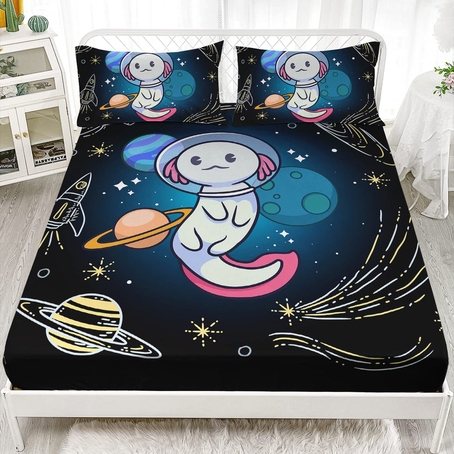 HOSIMA Axolotl Bedding Set for Kids Bedroom Decor,Space Cartoon Pattern Kawaii Set,Wildlife Animals Reptile Toddler Set,Full Size Fitted Sheet with 2 Pillowcase., Black, Full 55*75