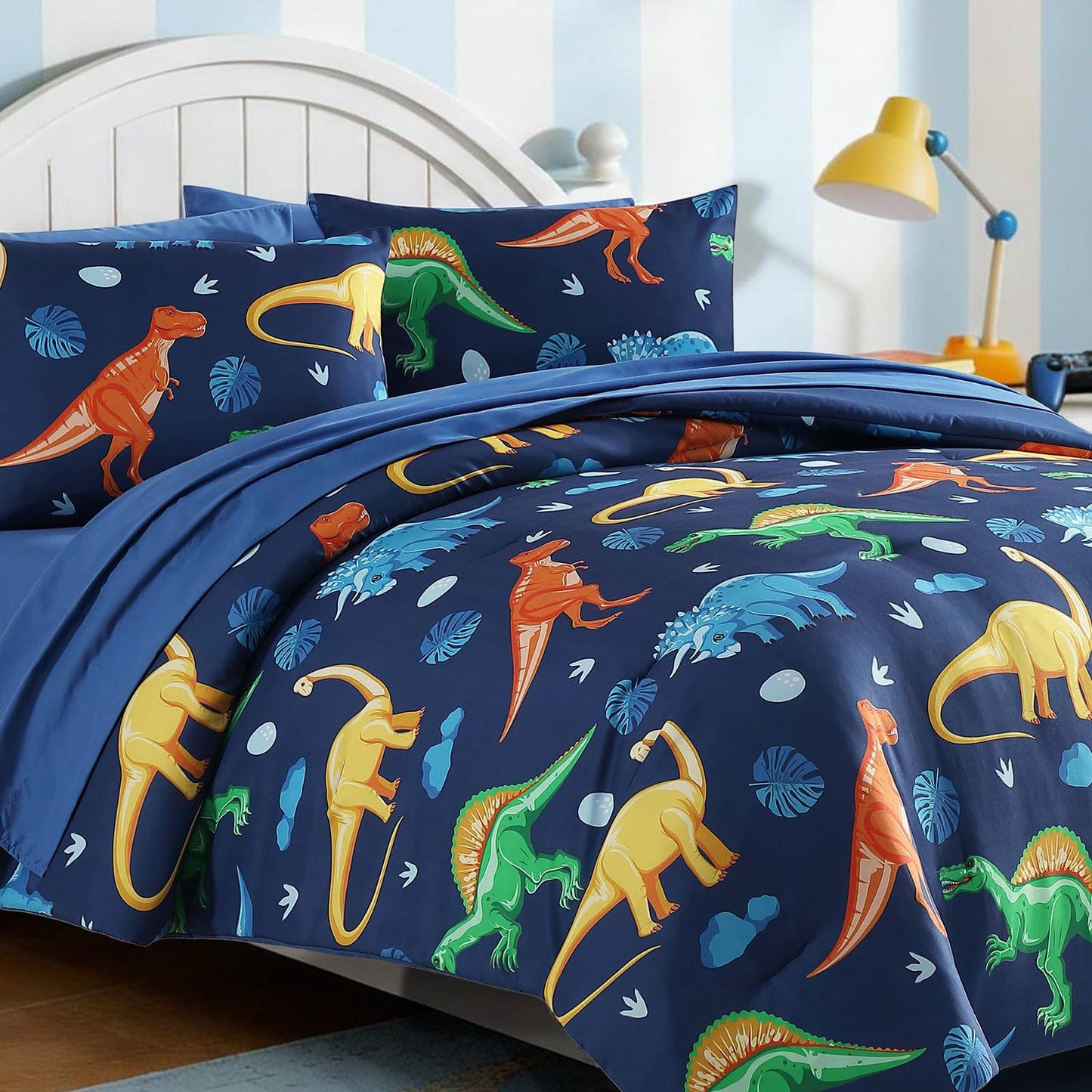 Kaleido Space Twin Comforter Set for Boys Kids - 5 Pieces Navy Dinasour Patterns Twin Bedding Sets for Boys Teen, Soft Cozy Bed in A Bag with Sheets