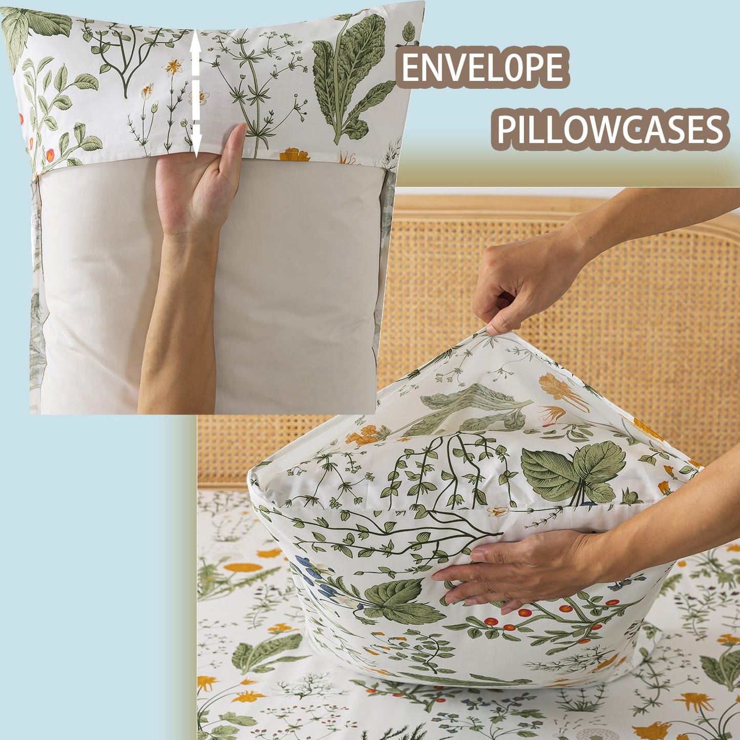Zusbest Queen Sheet Set 100% Percale Cotton Green Floral Bed Sheet Set Yellow Flower & Green Leaves Botanical Pattern Printed on White Garden Luxury Crisp Soft Deep Pocket Fitted Sheet 17.5'' 4Pcs
