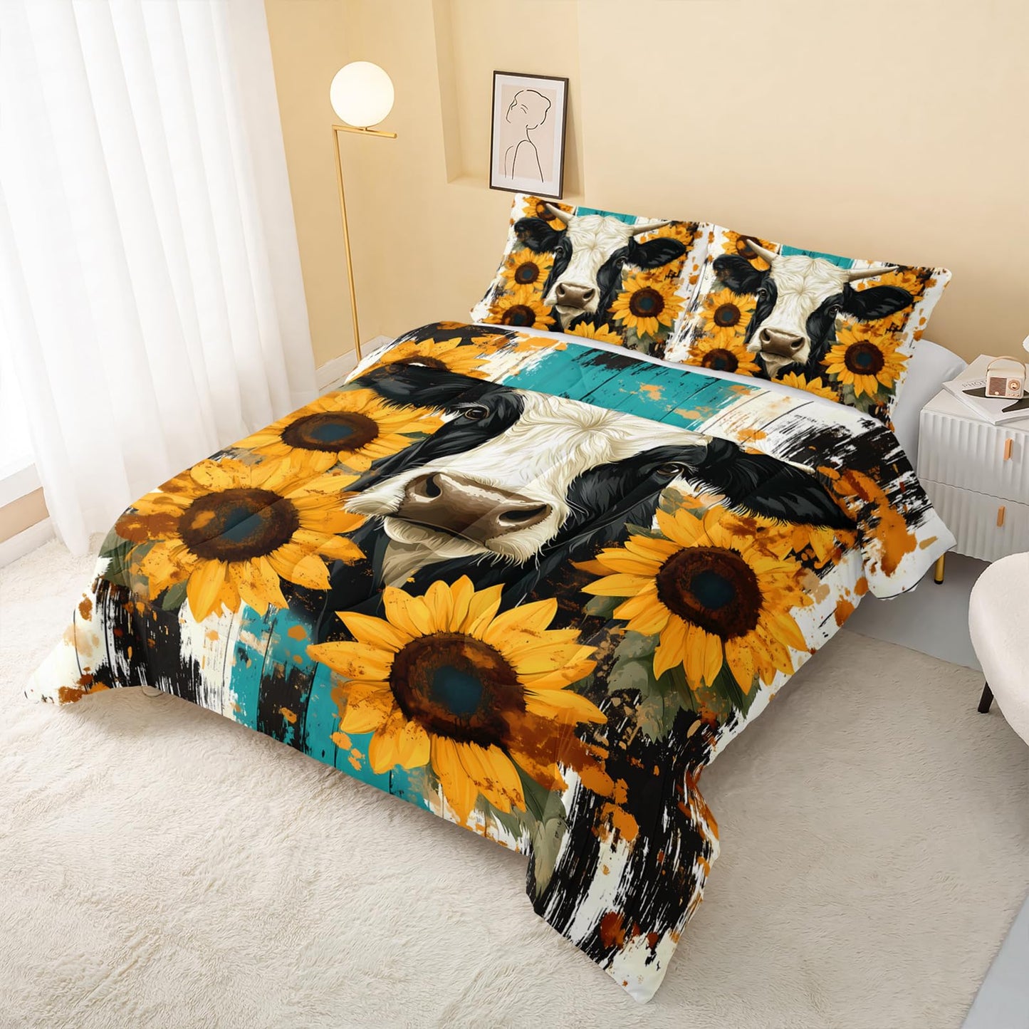 QOOMO Cow Kids Full Comforter Set 3Pcs Farm Animal Bedding Set for Girls Boys Sunflowers Printed Comforter with 2 Pillowcases Lightweight Microfiber for All Seasons