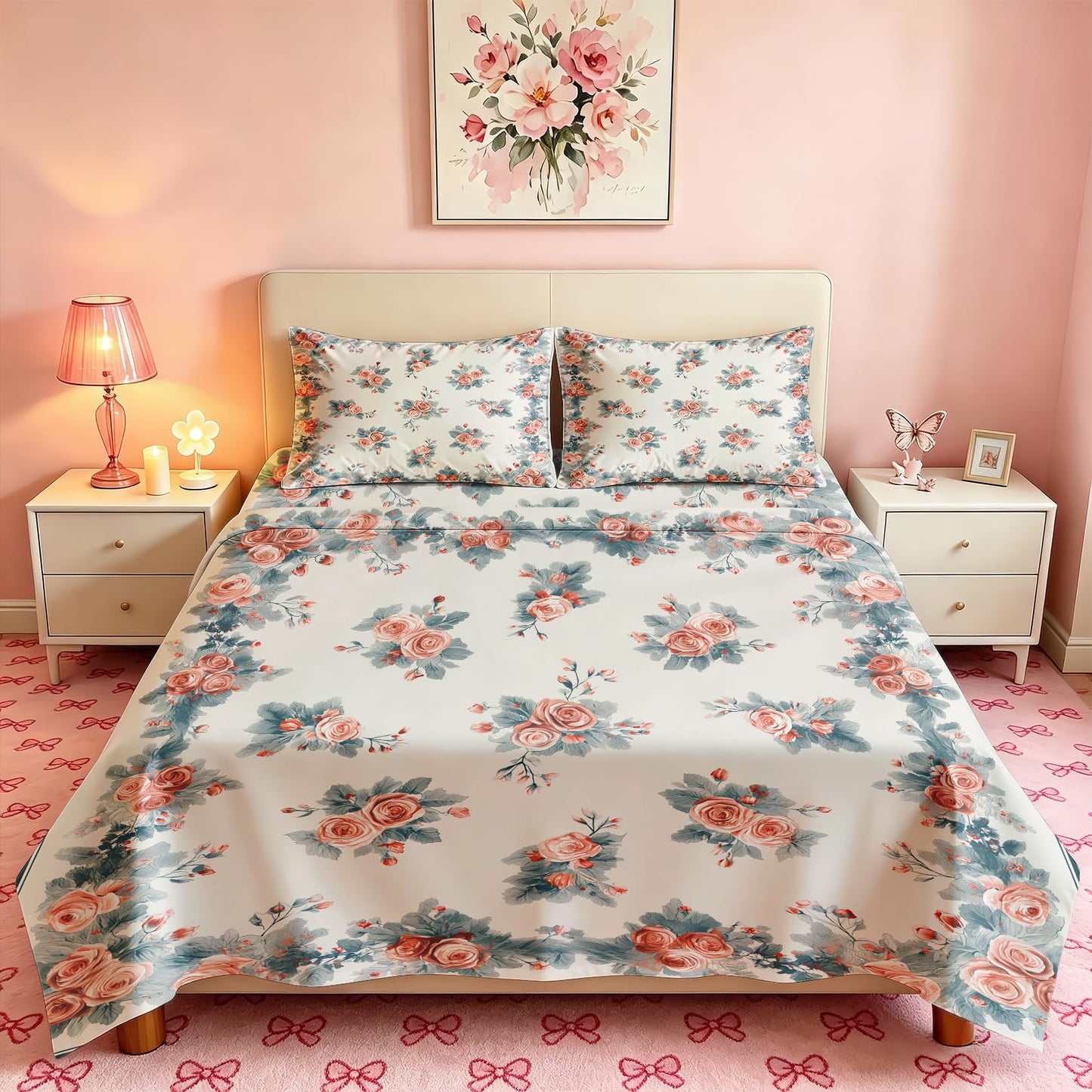 Pink Roses Sheet Set, 4 Pcs Full Size Girls Floral Bed Sheets