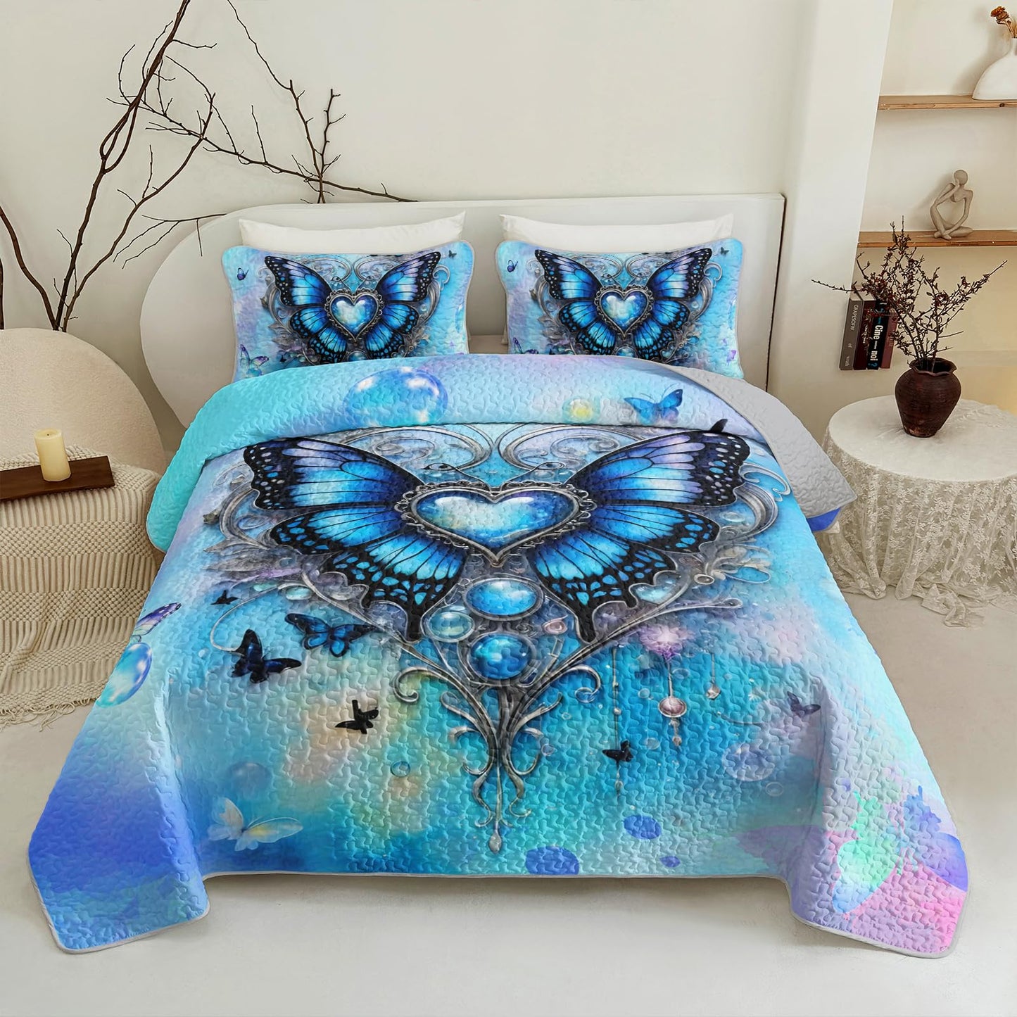 QOOMO Cartoon Butterfly Kids Quilt Set,Dreamy Bubbles Print Bedding Set Twin Size,Blue Room Decoration Soft and Lightweight for All Seasons,1 Quilt Set 2 Pillowcases