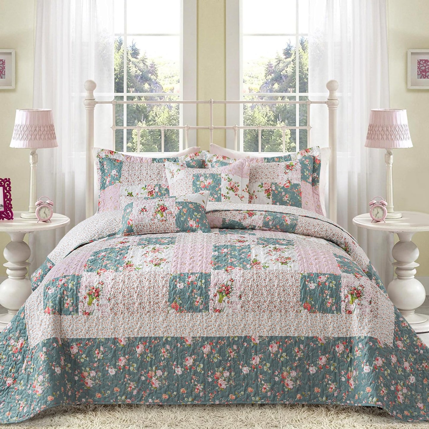BEDIFANY French Style Queen Size Quilt Set for Farmhouse - 3 Pieces Cotton Filling Garden Lightweight Bedspreads Queen with Floral Pattern - All Season Quilt Bedding Sets for Decorations