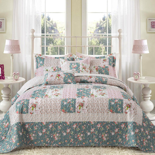 BEDIFANY French Style Queen Size Quilt Set for Farmhouse - 3 Pieces Cotton Filling Garden Lightweight Bedspreads Queen with Floral Pattern - All Season Quilt Bedding Sets for Decorations