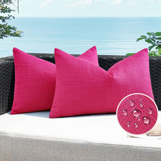 Artscope Outdoor Waterproof Throw Pillow Covers 12x20 Inch Decorative Linen Outdoor Pillows Cushion Case for Patio Couch Sofa - Hot Pink