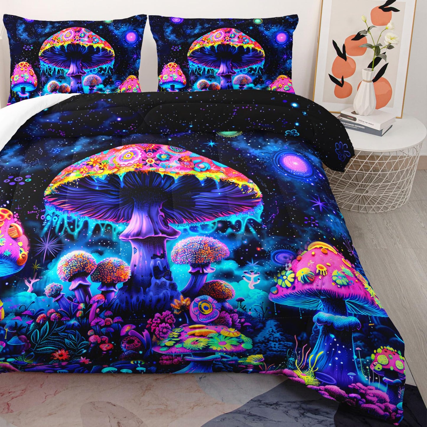 AILONEN Cartoon Mushroom Comforter Set Queen Size, Black Starry Purple Magic Mushroom Bedding Set,3Pcs Plant Fungus Comforter with 2 Pillowcases