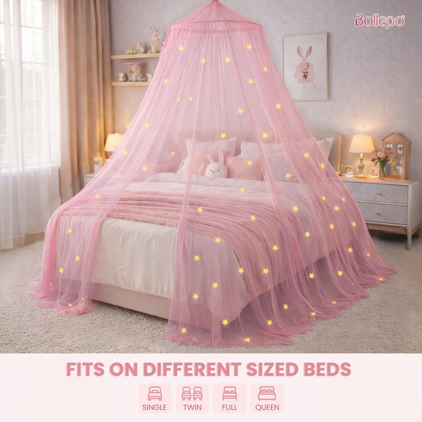 Pink Bed Canopy for Girls with Glowing Stars - Premium Canopy Bed Curtains | Fits Single, Twin, Full, Queen Size Kids Bed, Princess Netting Room Decor, Ceiling Tent to Cover Toddler, Canopy for Bed