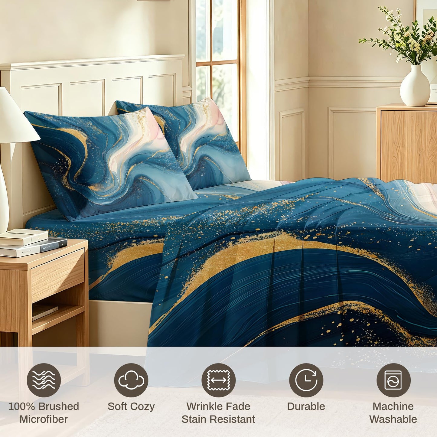 Marble Bedding Set 4 Pcs Fluid Liquid Swirl Full Sheets, Blue Gold