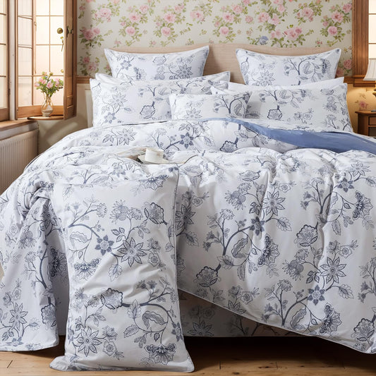 FADFAY Duvet Cover Set Full Floral Bedding Percale Cotton 600 TC Classical Toile Luxury Reversible Light Blue Shabby Vintage Farmhouse Bedding Minimalist Chic Comforter Cover Soft Breathable 3Pcs