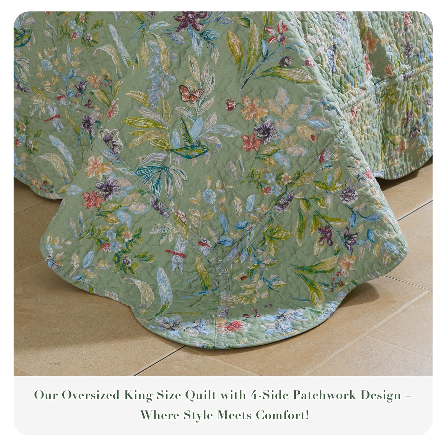 Masaca Oversized King Bedspread 128"x120",Green Floral Quilt Set Oversized 3Pcs Lightweight Flower Bird Butterfly Print Botanical Scallop California King Size Bedding Coverlet Extra Large