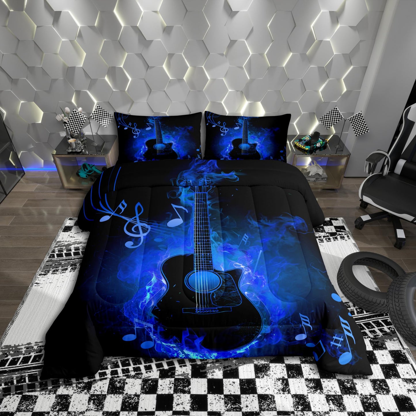 Manfei Electric Guitar Comforter Set,Rock Music Theme Guitar Musical Notes Bedding Set for Teens Adults Room,Neon Blue Glowing Modern Artistic Quilt Set,Blue Black 3 Pcs with 2 Pillowcases,Queen