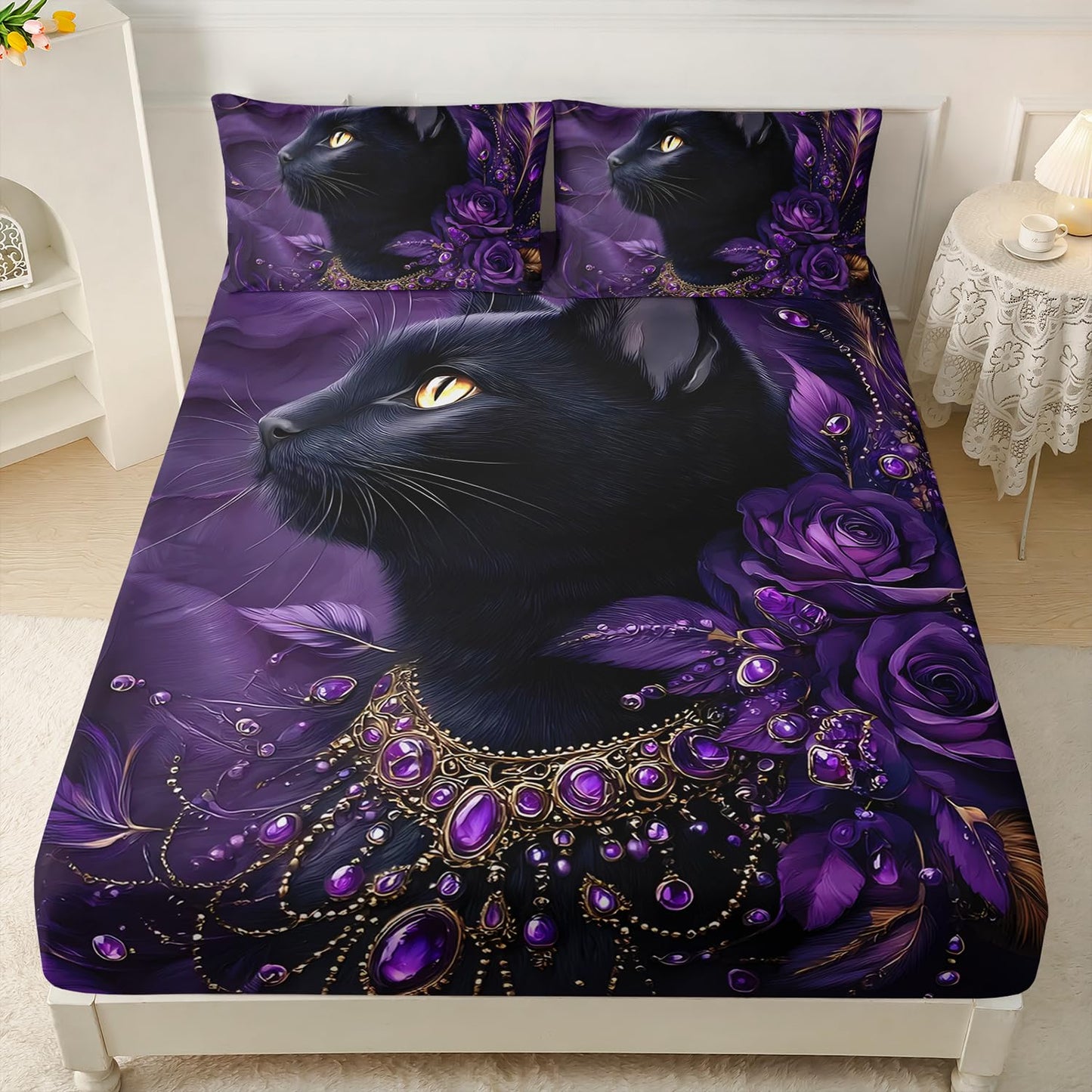 HOSIMA Cat Fitted Seet Twin,Black Cat Wearing Diamond Necklace Print Animal Bedding for Women Girls Room Decor,Flowers and Feather Pattern Aesthetic Bedding,1 Fitted Sheet+2 Pillowcases.