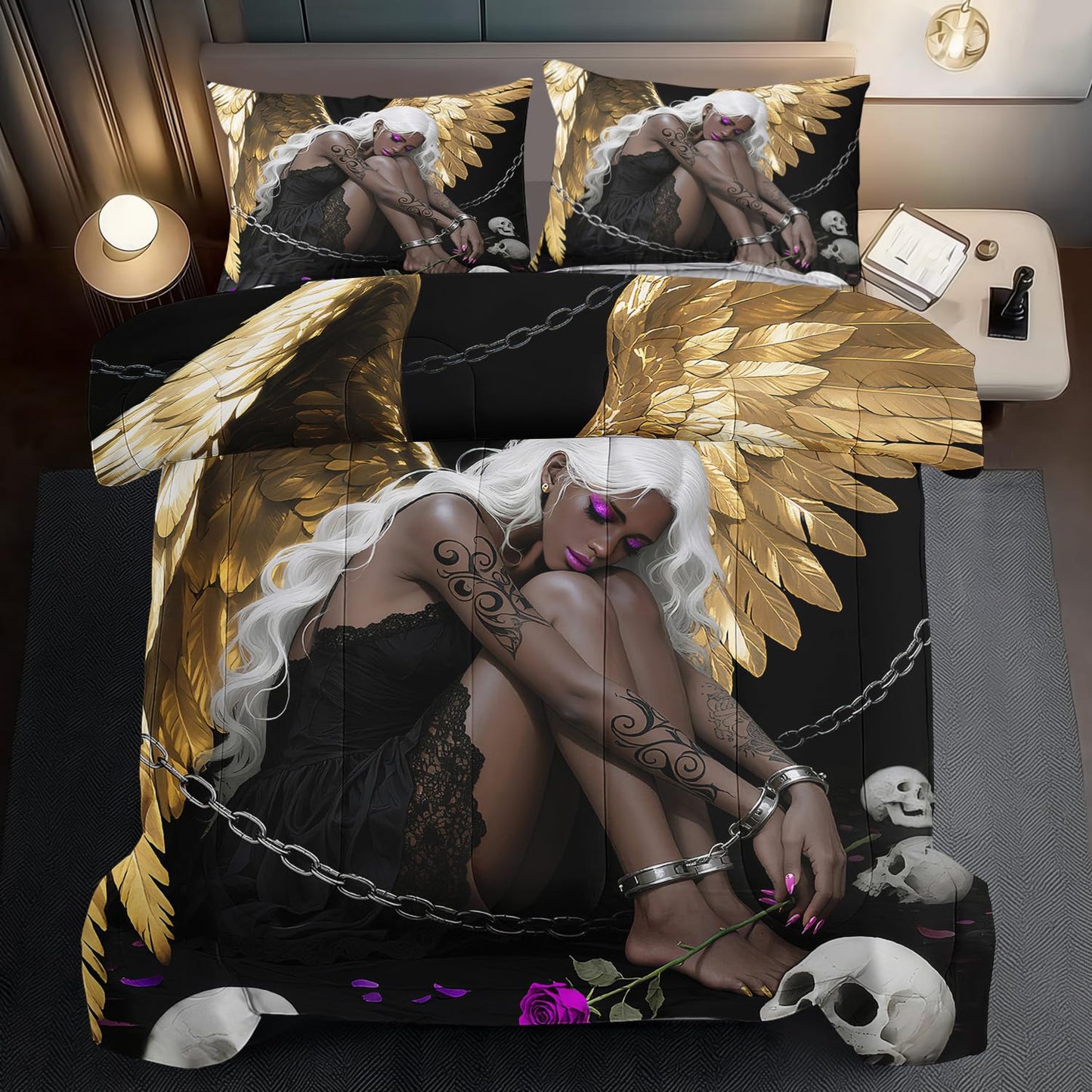 llyxsesty Golden Angel Wings Comforter Set Twin Girls Black Goth Comforter Set Adult Gold Goth Fashion Bedding for Women Angel Wings Bedding Quilt Skull Decor for Home Elegant Home Decor Bedroom