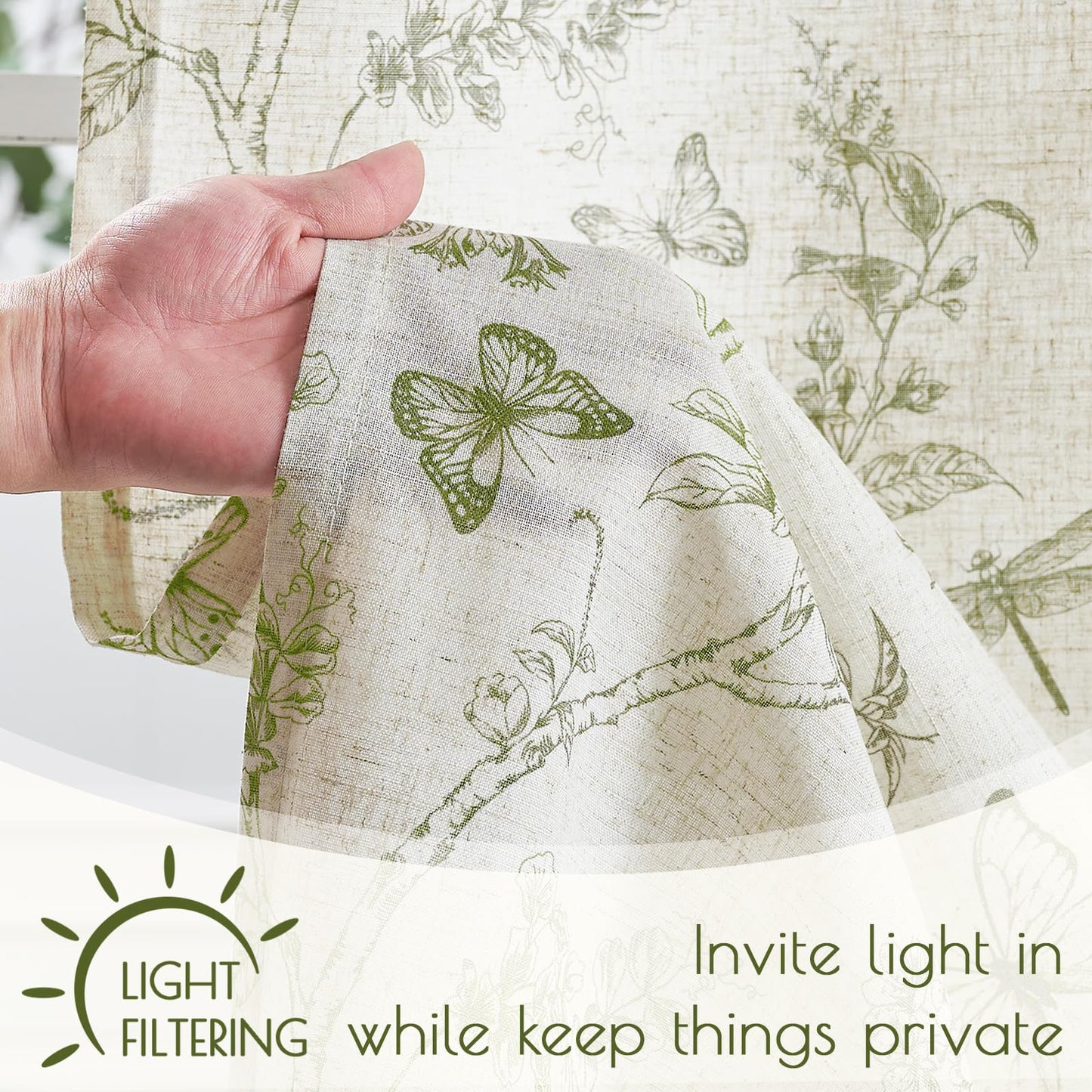 Lazzzy Linen Floral Kitchen Curtains 36 Inch Long, Green Farmhouse Kitchen Window Rustic Country Small Curtains Rod Pocket Tiers, Set of 2, Green on Beige