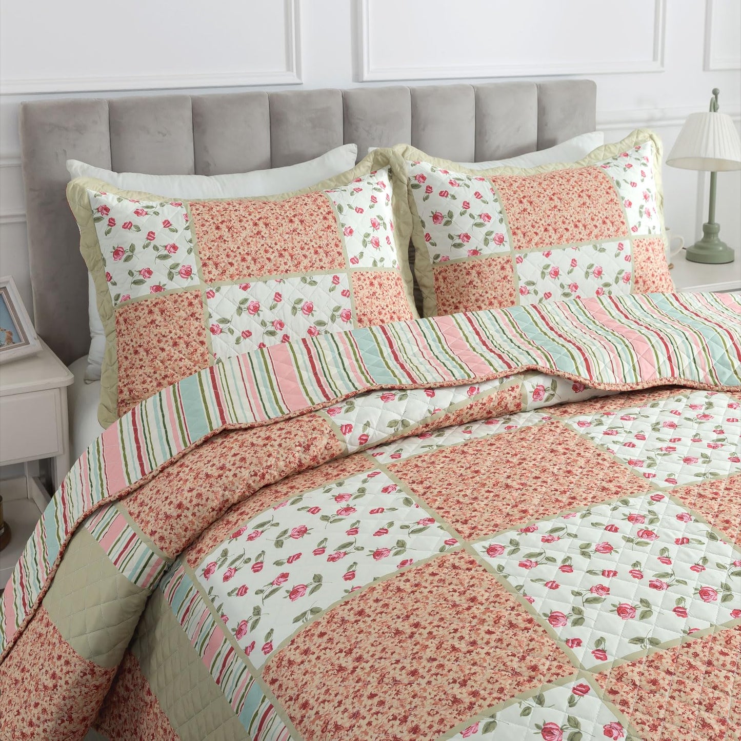 Travan 3-Piece Quilt Set Quilted Bedspread Lightweight Coverlet Set Patchwork Floral Oversized Reversible Soft Quilted Bedding Coverlet Set for All Seasons, King Size