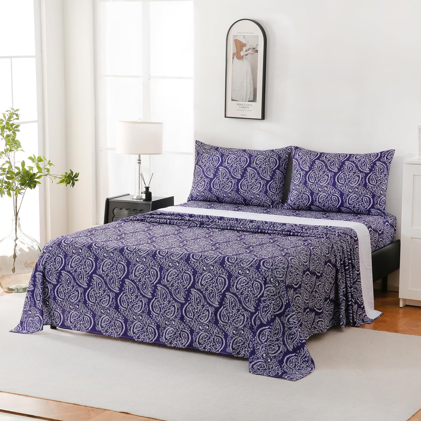 Yibeizi King Size Sheets Set Deep Pocket Purple Paisley Bed Sheet Sets, Floral Printed Soft Microfiber Oeko-Tex Hypoallergenic Sheets & Pillowcases Wrinkle Free Bedsheets