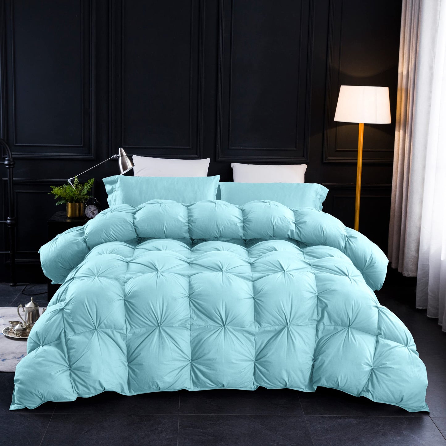 Three Geese Pinch Pleat Waterfowl Feathers and Down Comforter Twin Size Duvet Insert,750+ Fill Power,1200TC 100% Cotton, Premium All Seasons Aqua-Sky Warm Hotel Comforter with 8 Tabs.