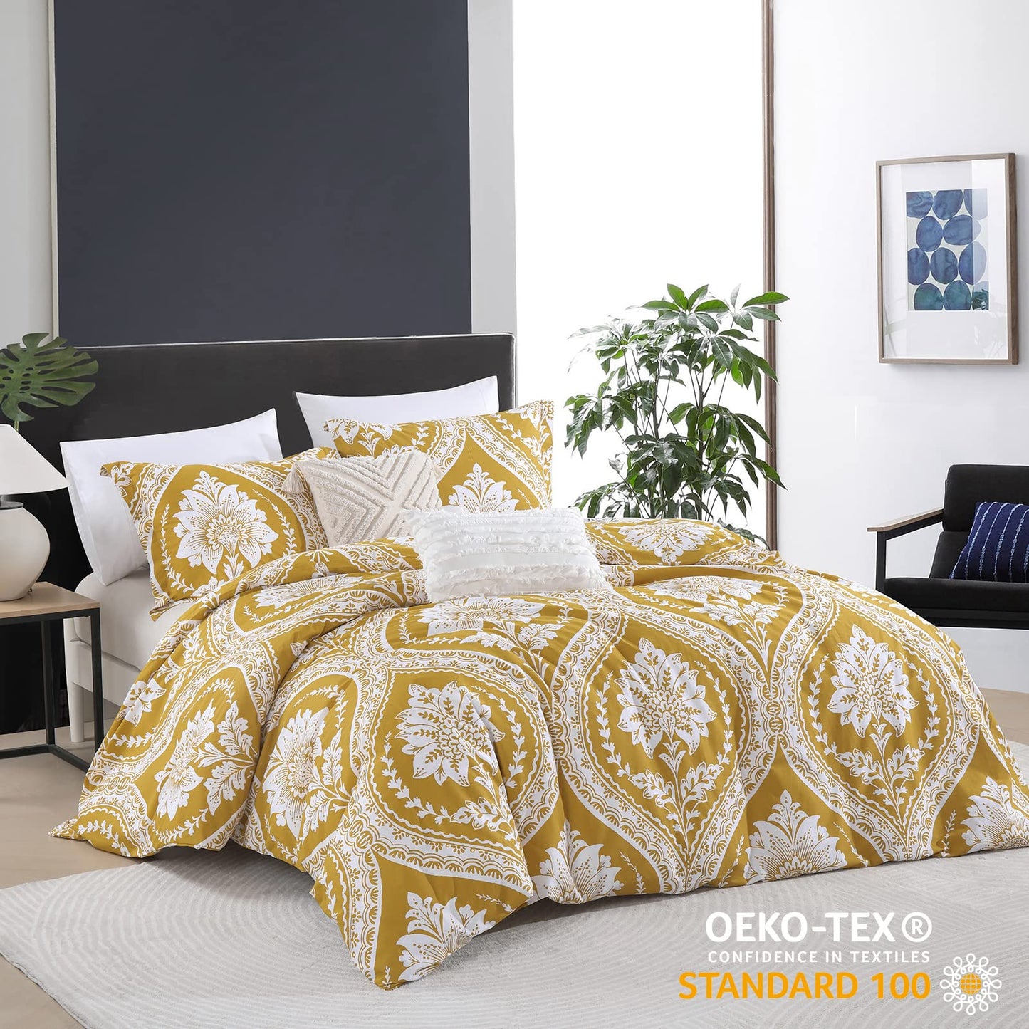 CozyDH Cotton Duvet Cover King Size - 100% Cotton 400 Thread Count Washed Duvet Cover Set with Yellow Floral Damask Paisley Pattern, 3 Piece Soft Bedding Set (King, 104" x 90", No Comforter)